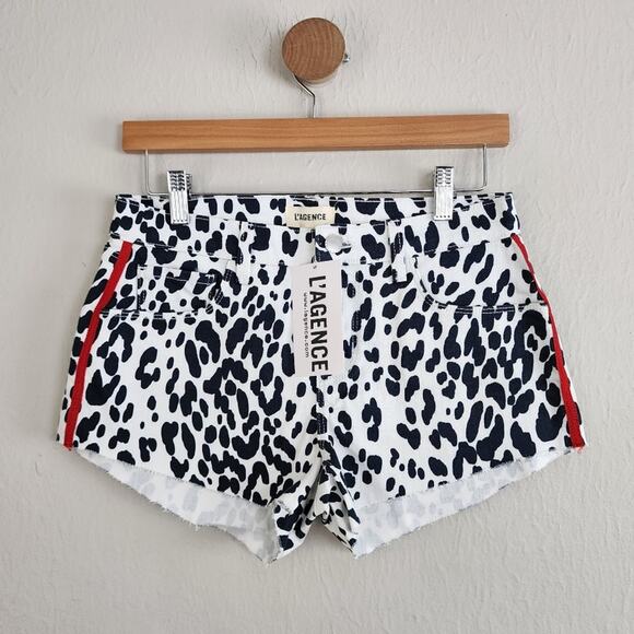 NEW L'agence Genoa Audrey Mid-Rise Denim Cut Off Jean Shorts Red Stripe - Picture 1 of 8